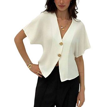 Women's Causal Dressy V Neck Blouse Short Batwing Sleeve Button Front Work Office Top