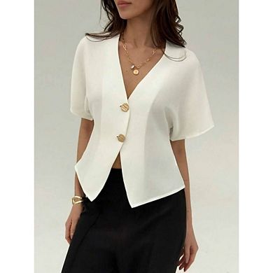 Women's Causal Dressy V Neck Blouse Short Batwing Sleeve Button Front Work Office Top