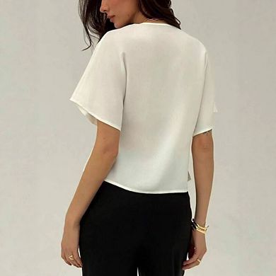 Women's Causal Dressy V Neck Blouse Short Batwing Sleeve Button Front Work Office Top