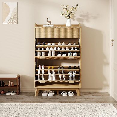 Danolapsi Modern Fluted Shoe Cabinet for Entryway with 2 Flip Drawers & Upper Drawer