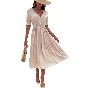 Women Puff Sleeve Casual Button A-Line Casual Dress
