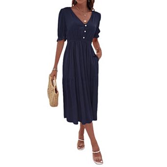 Women Puff Sleeve Casual Button A-Line Casual Dress