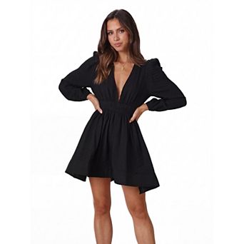 Women Deep V Neck Long Sleeve Mini Dress