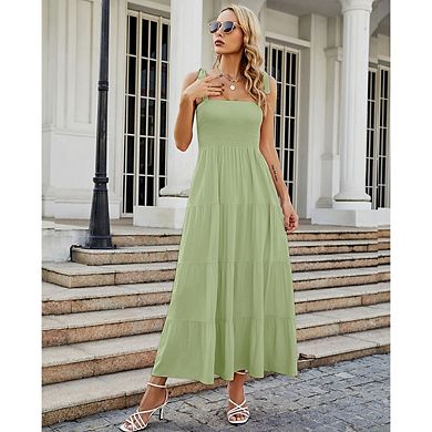 Women's Summer Boho Spaghetti Strap Tie Square Neck Ruffle Casual Flowy Long Dress Beach Maxi Dress
