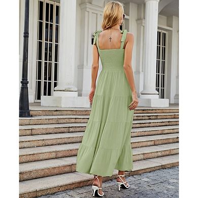 Women's Summer Boho Spaghetti Strap Tie Square Neck Ruffle Casual Flowy Long Dress Beach Maxi Dress