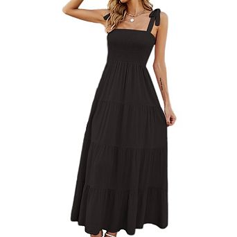 Women's Summer Boho Spaghetti Strap Tie Square Neck Ruffle Casual Flowy Long Dress Beach Maxi Dress
