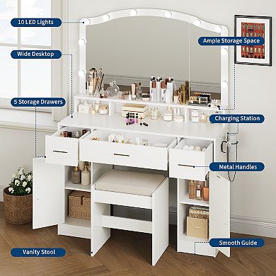 Vanity Desk Table Set with Lighted Mirror, Makeup Table with 3 Drawers & Power Strip