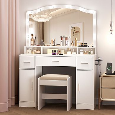 Vanity Desk Table Set with Lighted Mirror, Makeup Table with 3 Drawers & Power Strip