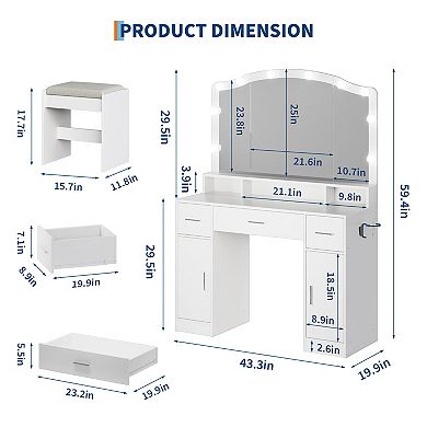 Vanity Desk Table Set with Lighted Mirror, Makeup Table with 3 Drawers & Power Strip