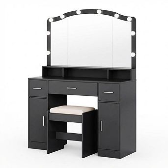 Vanity Desk Table Set with Lighted Mirror, Makeup Table with 3 Drawers & Power Strip