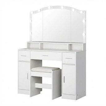 Vanity Desk Table Set with Lighted Mirror, Makeup Table with 3 Drawers & Power Strip
