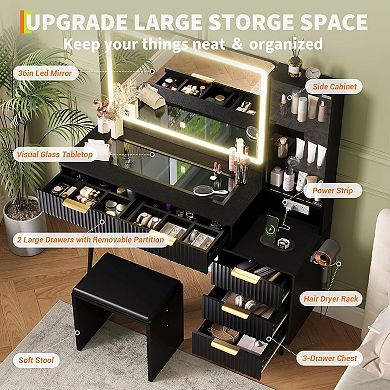 Modern Vanity Desk with 48" Glass Top and LED Mirror 5 Drawers, 3 Shelves, Adjustable Brightness