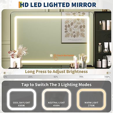 Modern Vanity Desk with 48" Glass Top and LED Mirror 5 Drawers, 3 Shelves, Adjustable Brightness