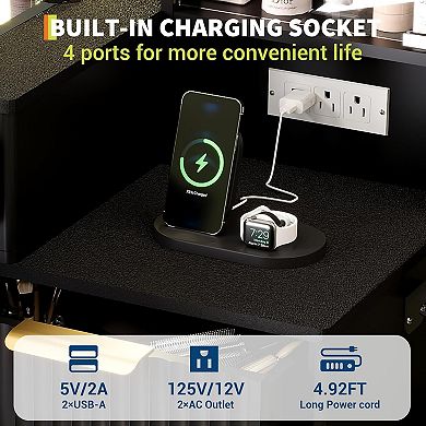 Modern Vanity Desk with 48" Glass Top and LED Mirror 5 Drawers, 3 Shelves, Adjustable Brightness