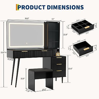 Modern Vanity Desk with 48" Glass Top and LED Mirror 5 Drawers, 3 Shelves, Adjustable Brightness