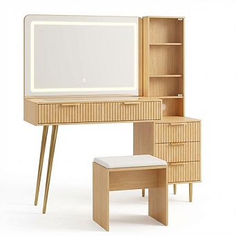 Modern Vanity Desk with 48" Glass Top and LED Mirror 5 Drawers, 3 Shelves, Adjustable Brightness