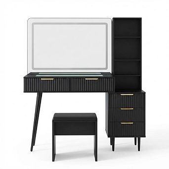 Modern Vanity Desk with 48" Glass Top and LED Mirror 5 Drawers, 3 Shelves, Adjustable Brightness