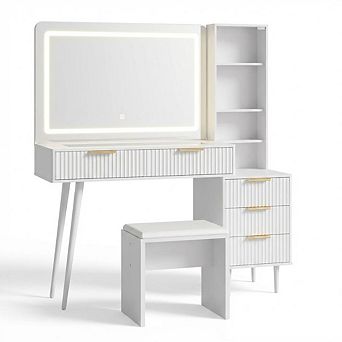 Modern Vanity Desk with 48" Glass Top and LED Mirror 5 Drawers, 3 Shelves, Adjustable Brightness