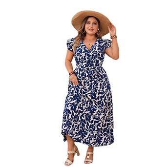 Plus Size Women Casual Dress Ruffle Sleeve Tie Waist Printed Sundress