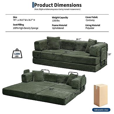80.7'' Sofa Bed,5-in-1 Convertible Sofa Bed with Storage Pocket, Folding Corduroy Fabric Couch Bed
