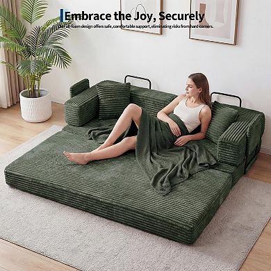 80.7'' Sofa Bed,5-in-1 Convertible Sofa Bed with Storage Pocket, Folding Corduroy Fabric Couch Bed