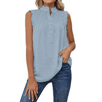 Women's Sleeveless Ruffle Trim Blouse Smocked Mock Neck Button Front Flowy Casual Dressy Tank Top