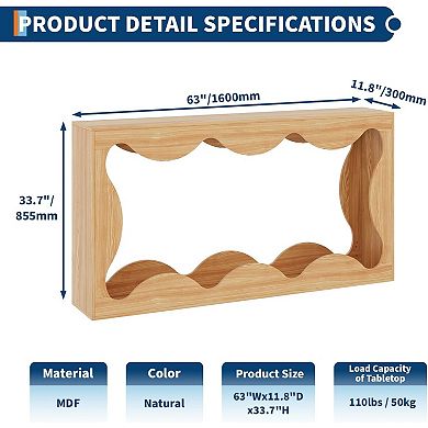 Danolapsi 63" Rustic Console Table, Wave-Shaped Wooden Entryway Table, Sofa Table with Storage