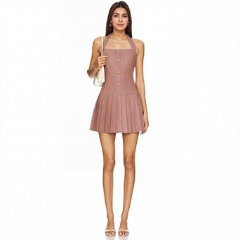 Women Halter Pleated Mini Dress Slim Sleeveless Party Dress