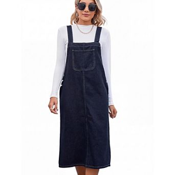 Women Denim Overall Casual Jean Maxi Long Pinafore Dress With Pocket
