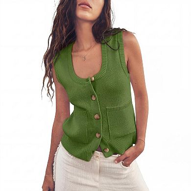 Women Sleeveless Knit Tank Top Casual Button Down Vest