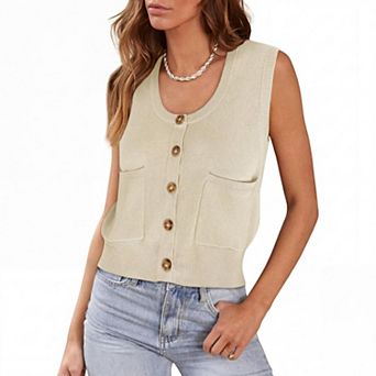 Women Sleeveless Knit Tank Top Casual Button Down Vest