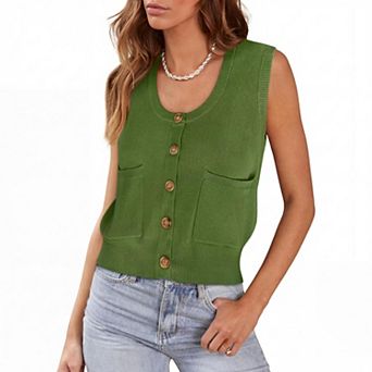 Women Sleeveless Knit Tank Top Casual Button Down Vest