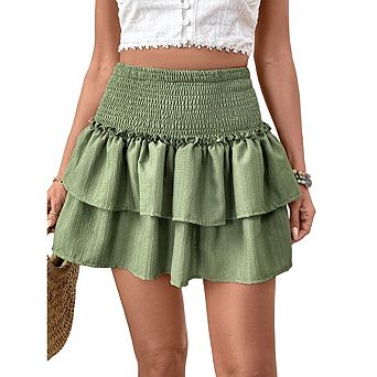 Women's High Waist Ruffle Mini Skirts Solid Color Pleated Boho Summer Tiered Skirt