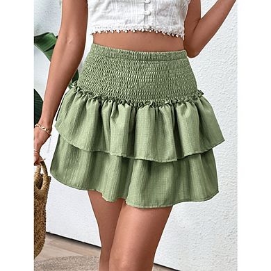 Women's High Waist Ruffle Mini Skirts Solid Color Pleated Boho Summer Tiered Skirt