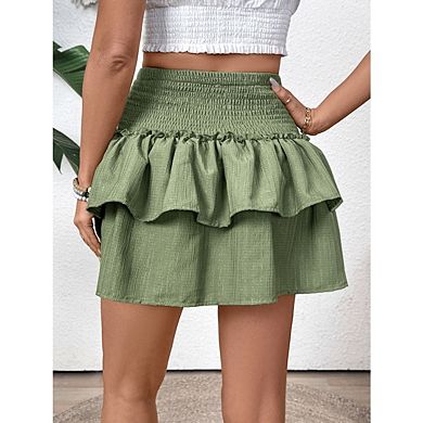 Women's High Waist Ruffle Mini Skirts Solid Color Pleated Boho Summer Tiered Skirt