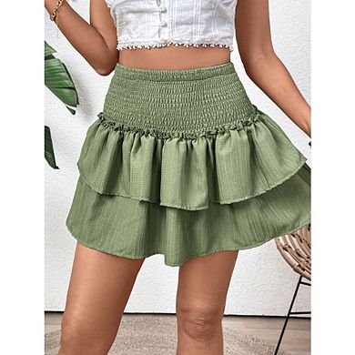 Women's High Waist Ruffle Mini Skirts Solid Color Pleated Boho Summer Tiered Skirt