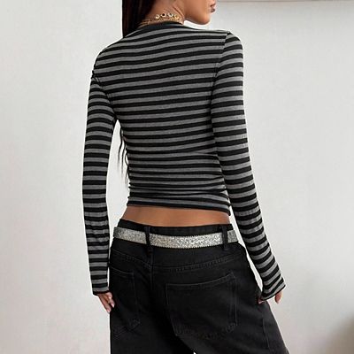 Women's Y2K Striped Long Sleeve Top Deep V Neck Contrast Trim Slim