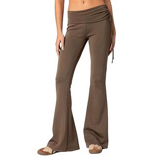 Women's High Waisted Flare Pants Side Tie Ruched Waist Soft Stretchy Wide Leg Lounge Pants Boho