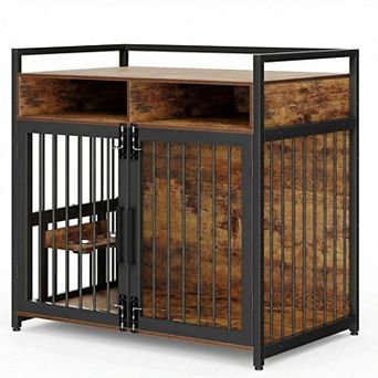 Danolapsi Dog Crate Furniture with 2 Storage Drawers, 360° Rotating Height-Adjustable Feeder