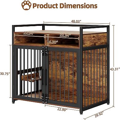 Danolapsi Dog Crate Furniture with 2 Storage Drawers, 360° Rotating Height-Adjustable Feeder