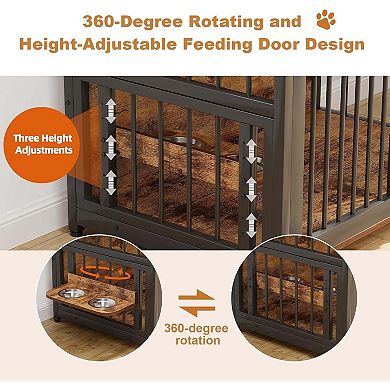 Danolapsi Dog Crate Furniture with 2 Storage Drawers, 360° Rotating Height-Adjustable Feeder
