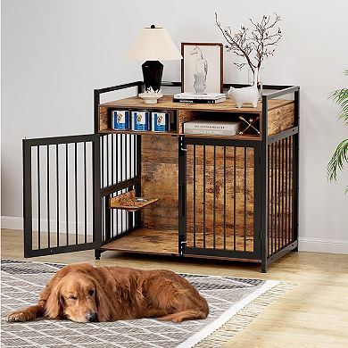 Danolapsi Dog Crate Furniture with 2 Storage Drawers, 360° Rotating Height-Adjustable Feeder