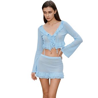 Women's Tie Front Ruffle Crop Top Bell Long Sleeve Sheer Swimsuit Cover Up