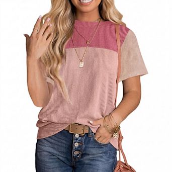 Women Casual Shirt Short Sleeve Color Block Tunic Top