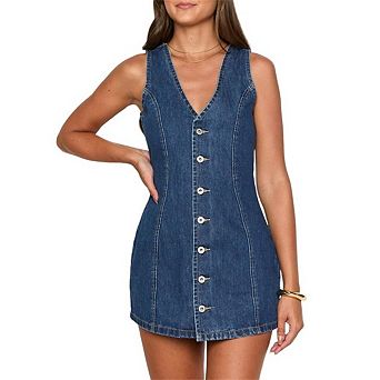 Women's Sleeveless Denim Dresses Button Front V-Neck Tie Jean Summer Casual Trendy Dress