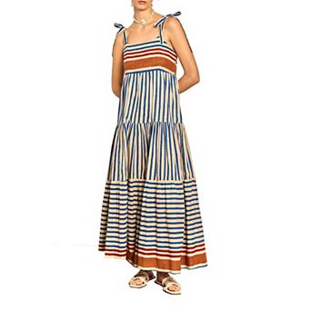 Women's Striped Sleeveless Maxi Dresses Flowy Spaghetti Strap Tie Off Shoulder Boho Sundress