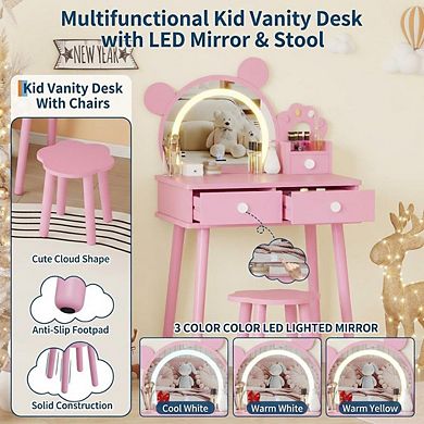 Bear-Shaped Lighted Mirror Kids Vanity Table and Chair Set - Wooden Princess Makeup Desk with Stool