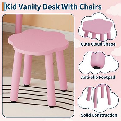 Bear-Shaped Lighted Mirror Kids Vanity Table and Chair Set - Wooden Princess Makeup Desk with Stool