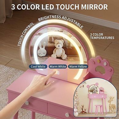 Bear-Shaped Lighted Mirror Kids Vanity Table and Chair Set - Wooden Princess Makeup Desk with Stool
