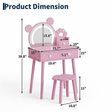 Bear-Shaped Lighted Mirror Kids Vanity Table and Chair Set - Wooden Princess Makeup Desk with Stool